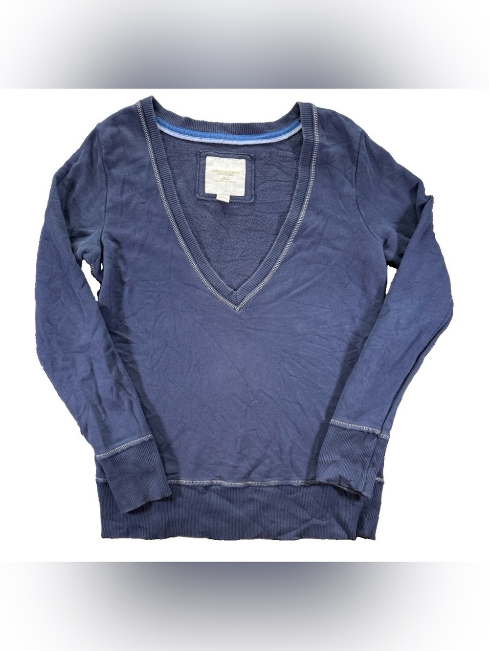 Vintage Y2K American Eagle V Neck Sweatshirt Women's Large Blue Elena Gilbert